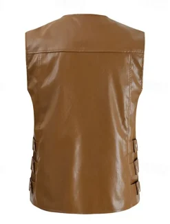 Hot OUKU Men's Vest Gilet Faux Leather Vest Outdoor Daily Fashion Casual Spring Fall Zip Up Pocket PU Leather Comfortable Plain Zipper Crew Neck Regular Fit Black Brown Vest
