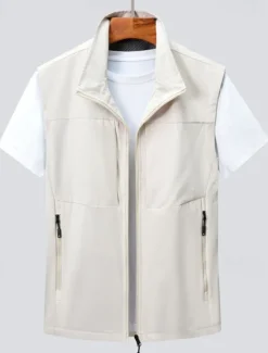 Discount OUKU Men's Vest Gilet Fishing Vest Hiking Vest Daily Date Vacation Fashion Casual Spring & Summer Pocket Polyester Comfortable Plain Zipper Stand Collar Regular Fit Black Khaki Army Green Dark Blue Vest