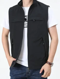 Clearance OUKU Men's Vest Gilet Fishing Vest Hiking Vest Daily Date Vacation Fashion Casual Spring & Fall Pocket Nylon Comfortable Mountain Zipper Stand Collar Regular Fit Black Khaki Army Green Dark Blue Vest