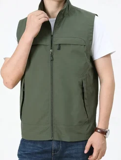 Clearance OUKU Men's Vest Gilet Fishing Vest Hiking Vest Daily Date Vacation Fashion Casual Spring & Fall Pocket Nylon Comfortable Mountain Zipper Stand Collar Regular Fit Black Khaki Army Green Dark Blue Vest