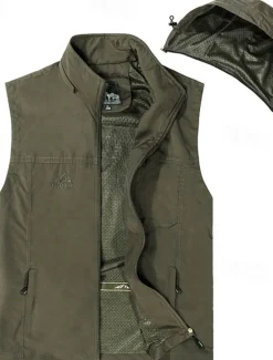 Best OUKU Men's Vest Gilet Fishing Vest Hiking Vest Daily Date Vacation Fashion Casual Spring & Fall Pocket Detachable Hood Polyester Comfortable Plain Zipper Hooded Regular Fit Black Khaki Army Green Dark