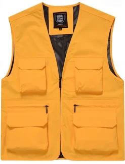 Clearance OUKU Men's Vest Gilet Fishing Vest Hiking Vest Daily Date Vacation Fashion Casual Spring & Fall Mesh Pocket Polyester Breathable Comfortable Plain Zipper V Neck Regular Fit Black Yellow Red Navy Blue Vest