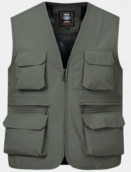 Clearance OUKU Men's Vest Gilet Fishing Vest Hiking Vest Daily Date Vacation Fashion Casual Spring & Fall Mesh Pocket Polyester Breathable Comfortable Plain Zipper V Neck Regular Fit Black Yellow Red Navy Blue Vest