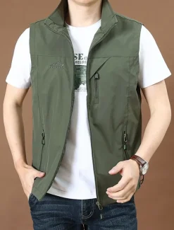 Best OUKU Men's Vest Gilet Fishing Vest Hiking Vest Daily Date Vacation Fashion Casual Spring & Fall Pocket Nylon Comfortable Plain Zipper Stand Collar Regular Fit Black Red Royal Blue Khaki Vest