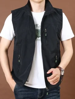 Best OUKU Men's Vest Gilet Fishing Vest Hiking Vest Daily Date Vacation Fashion Casual Spring & Fall Pocket Nylon Comfortable Plain Zipper Stand Collar Regular Fit Black Red Royal Blue Khaki Vest