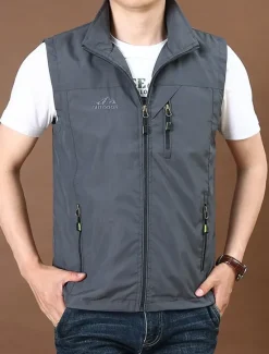 Best OUKU Men's Vest Gilet Fishing Vest Hiking Vest Daily Date Vacation Fashion Casual Spring & Fall Pocket Nylon Comfortable Plain Zipper Stand Collar Regular Fit Black Red Royal Blue Khaki Vest