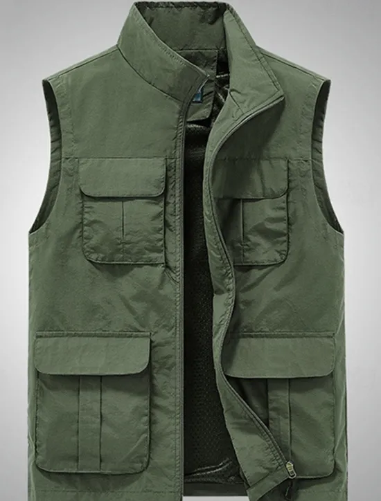 Hot OUKU Men's Vest Gilet Fishing Vest Hiking Vest Daily Date Vacation Fashion Casual Spring & Summer Mesh Pocket Polyester Breathable Comfortable Plain Zipper Stand Collar Regular Fit Black Khaki Army Green