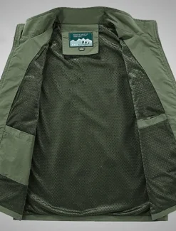 Hot OUKU Men's Vest Gilet Fishing Vest Hiking Vest Daily Date Vacation Fashion Casual Spring & Summer Mesh Pocket Polyester Breathable Comfortable Plain Zipper Stand Collar Regular Fit Black Khaki Army Green