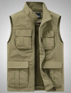 Hot OUKU Men's Vest Gilet Fishing Vest Hiking Vest Daily Date Vacation Fashion Casual Spring & Summer Mesh Pocket Polyester Breathable Comfortable Plain Zipper Stand Collar Regular Fit Black Khaki Army Green