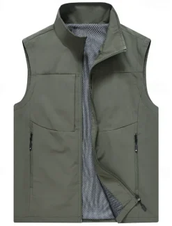 Clearance OUKU Men's Vest Gilet Fishing Vest Hiking Vest Daily Date Vacation Fashion Casual Spring & Summer Pocket Polyester Breathability Plain Zipper Stand Collar Regular Fit Black Khaki Army Green Dark Blue Vest