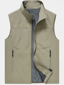 Clearance OUKU Men's Vest Gilet Fishing Vest Hiking Vest Daily Date Vacation Fashion Casual Spring & Summer Pocket Polyester Breathability Plain Zipper Stand Collar Regular Fit Black Khaki Army Green Dark Blue Vest