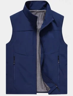 Clearance OUKU Men's Vest Gilet Fishing Vest Hiking Vest Daily Date Vacation Fashion Casual Spring & Summer Pocket Polyester Breathability Plain Zipper Stand Collar Regular Fit Black Khaki Army Green Dark Blue Vest