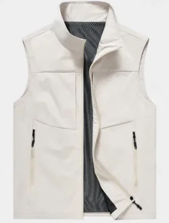 Clearance OUKU Men's Vest Gilet Fishing Vest Hiking Vest Daily Date Vacation Fashion Casual Spring & Summer Pocket Polyester Breathability Plain Zipper Stand Collar Regular Fit Black Khaki Army Green Dark Blue Vest