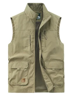 Online OUKU Men's Vest Gilet Fishing Vest Hiking Vest Sleeveless Vest Gilet Jacket Outdoor Street Daily Going out Streetwear Casual Spring Fall Pocket Polyester Nylon Breathable Plain Zipper Stand Collar Loose