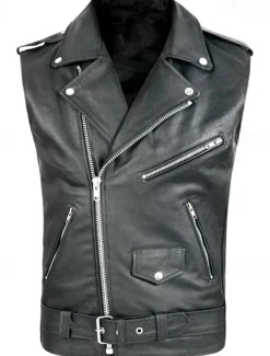 Hot OUKU Men's Vest Gilet Leather Vest Daily Date Vacation Fashion Casual Spring & Fall Pocket PU Leather Comfortable Plain Zipper Lapel Regular Fit Vest Black