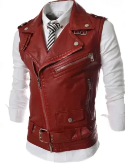 Online OUKU Men's Vest Gilet Leather Vest Daily Date Vacation Fashion Casual Spring & Fall Pocket Polyester Comfortable Plain Zipper Lapel Regular Fit Black White Red Vest