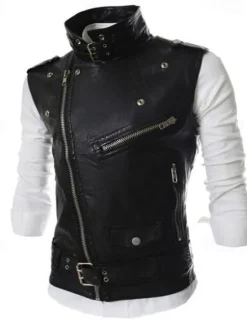 Online OUKU Men's Vest Gilet Leather Vest Daily Date Vacation Fashion Casual Spring & Fall Pocket Polyester Comfortable Plain Zipper Lapel Regular Fit Black White Red Vest
