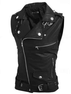 Online OUKU Men's Vest Gilet Leather Vest Daily Date Vacation Fashion Casual Spring & Fall Pocket Polyester Comfortable Plain Zipper Lapel Regular Fit Black White Red Vest