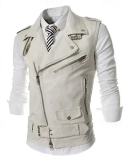 Online OUKU Men's Vest Gilet Leather Vest Daily Date Vacation Fashion Casual Spring & Fall Pocket Polyester Comfortable Plain Zipper Lapel Regular Fit Black White Red Vest