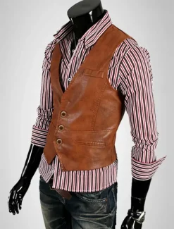 Online OUKU Men's Vest Gilet Leather Vest Daily Date Vacation Fashion Casual Spring & Fall Button Pocket Polyester Comfortable Plain Single Breasted One-button V Neck Regular Fit Black Brown Vest