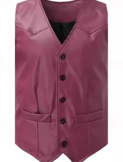 Discount OUKU Men's Vest Gilet Leather Vest Daily Date Vacation Fashion Casual Spring & Fall Button Pocket Polyester Comfortable Plain Single Breasted One-button V Neck Regular Fit Black Burgundy Camel Vest