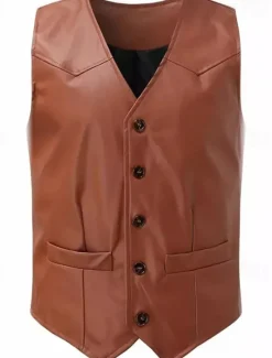 Discount OUKU Men's Vest Gilet Leather Vest Daily Date Vacation Fashion Casual Spring & Fall Button Pocket Polyester Comfortable Plain Single Breasted One-button V Neck Regular Fit Black Burgundy Camel Vest