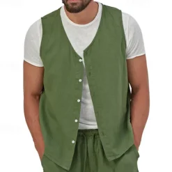Hot OUKU Men's Vest Gilet Linen Vest Vacation Daily Date Fashion Casual Summer Spring Buttons Pocket Linen Comfortable Plain Single Breasted One-button V Neck Regular Fit Black Yellow Light Green Navy Blue