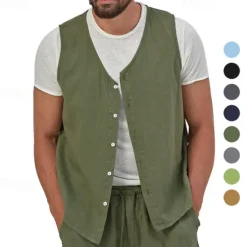 Hot OUKU Men's Vest Gilet Linen Vest Vacation Daily Date Fashion Casual Summer Spring Buttons Pocket Linen Comfortable Plain Single Breasted One-button V Neck Regular Fit Black Yellow Light Green Navy Blue