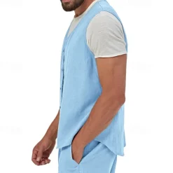 Hot OUKU Men's Vest Gilet Linen Vest Vacation Daily Date Fashion Casual Summer Spring Buttons Pocket Linen Comfortable Plain Single Breasted One-button V Neck Regular Fit Black Yellow Light Green Navy Blue