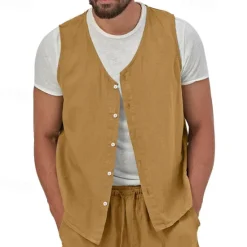 Hot OUKU Men's Vest Gilet Linen Vest Vacation Daily Date Fashion Casual Summer Spring Buttons Pocket Linen Comfortable Plain Single Breasted One-button V Neck Regular Fit Black Yellow Light Green Navy Blue