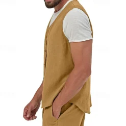 Hot OUKU Men's Vest Gilet Linen Vest Vacation Daily Date Fashion Casual Summer Spring Buttons Pocket Linen Comfortable Plain Single Breasted One-button V Neck Regular Fit Black Yellow Light Green Navy Blue