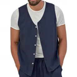 Hot OUKU Men's Vest Gilet Linen Vest Vacation Daily Date Fashion Casual Summer Spring Buttons Pocket Linen Comfortable Plain Single Breasted One-button V Neck Regular Fit Black Yellow Light Green Navy Blue