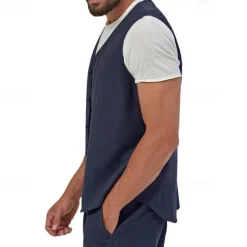 Hot OUKU Men's Vest Gilet Linen Vest Vacation Daily Date Fashion Casual Summer Spring Buttons Pocket Linen Comfortable Plain Single Breasted One-button V Neck Regular Fit Black Yellow Light Green Navy Blue