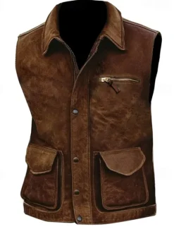Online OUKU Men's Vest Gilet Outdoor Daily Vintage Casual Spring Fall Pocket Buttons Polyester Comfortable Plain Single Breasted One-button Lapel Regular Fit Vest Brown