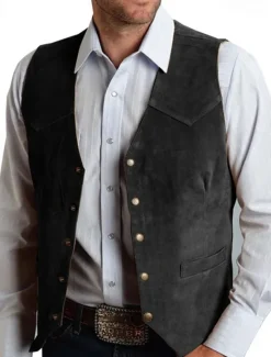 Outlet OUKU Men's Vest Gilet Suede Vest Vacation Daily Date Fashion Casual Spring & Fall Buttons Pocket Polyester Comfortable Plain Single Breasted One-button V Neck Regular Fit Black Champagne Burgundy Gold