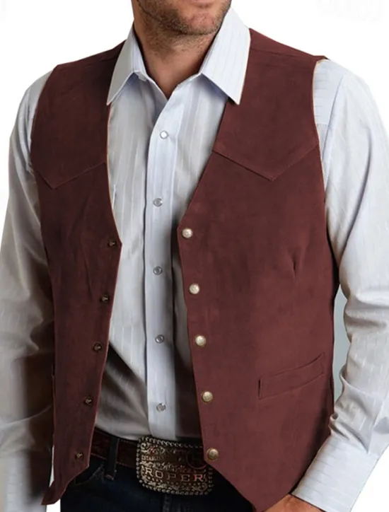 Outlet OUKU Men's Vest Gilet Suede Vest Vacation Daily Date Fashion Casual Spring & Fall Buttons Pocket Polyester Comfortable Plain Single Breasted One-button V Neck Regular Fit Black Champagne Burgundy Gold