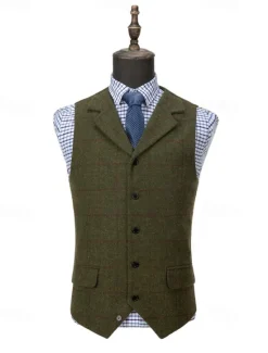 OUKU Men's Vest Gilet Suede Vest Vacation Daily Date Fashion Casual Spring & Fall Buttons Pocket Polyester Comfortable Plaid Single Breasted One-button Lapel Regular Fit Dark Brown Black Navy Blue Green Coffee