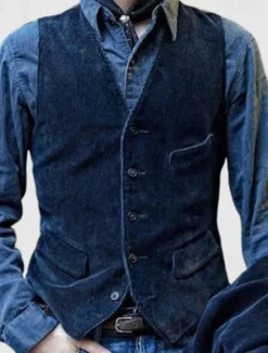 Hot OUKU Men's Vest Gilet Vacation Daily Vintage Fashion Spring & Fall Buttons Decorative pockets Polyester Corduroy Comfortable Plain Single Breasted One-button V Neck Regular Fit Black Blue Brown Army Green