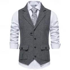 Hot OUKU Men's Vest Gilet Vacation Daily Date Fashion Casual Spring & Fall Buttons Pocket 75% Cotton Comfortable Plain Single Breasted One-button Lapel Regular Fit Burgundy Navy Blue Dark Green Khaki Vest