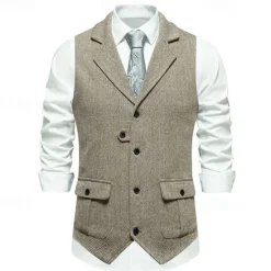 Hot OUKU Men's Vest Gilet Vacation Daily Date Fashion Casual Spring & Fall Buttons Pocket 75% Cotton Comfortable Plain Single Breasted One-button Lapel Regular Fit Burgundy Navy Blue Dark Green Khaki Vest