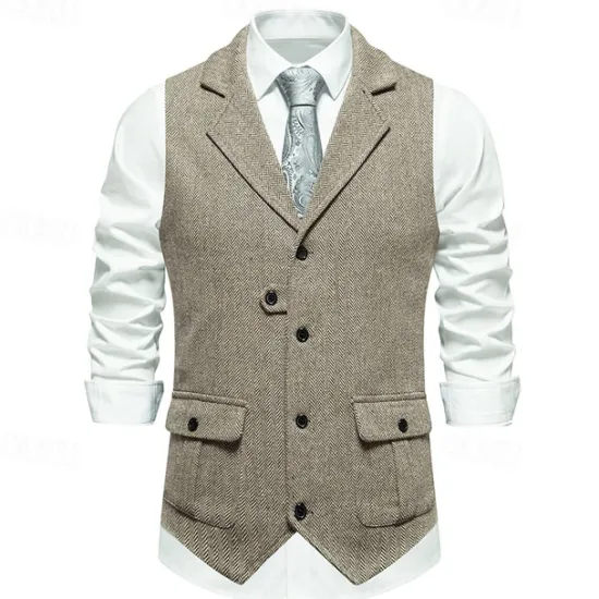 Hot OUKU Men's Vest Gilet Vacation Daily Date Fashion Casual Spring & Fall Buttons Pocket 75% Cotton Comfortable Plain Single Breasted One-button Lapel Regular Fit Burgundy Navy Blue Dark Green Khaki Vest