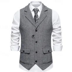 Hot OUKU Men's Vest Gilet Vacation Daily Date Fashion Casual Spring & Fall Buttons Pocket 75% Cotton Comfortable Plain Single Breasted One-button Lapel Regular Fit Burgundy Navy Blue Dark Green Khaki Vest