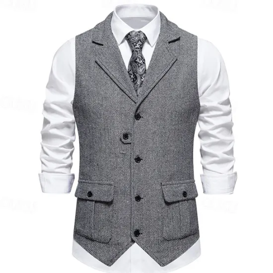 Hot OUKU Men's Vest Gilet Vacation Daily Date Fashion Casual Spring & Fall Buttons Pocket 75% Cotton Comfortable Plain Single Breasted One-button Lapel Regular Fit Burgundy Navy Blue Dark Green Khaki Vest