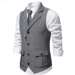 Hot OUKU Men's Vest Gilet Vacation Daily Date Fashion Casual Spring & Fall Buttons Pocket 75% Cotton Comfortable Plain Single Breasted One-button Lapel Regular Fit Burgundy Navy Blue Dark Green Khaki Vest