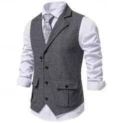 Hot OUKU Men's Vest Gilet Vacation Daily Date Fashion Casual Spring & Fall Buttons Pocket 75% Cotton Comfortable Plain Single Breasted One-button Lapel Regular Fit Burgundy Navy Blue Dark Green Khaki Vest