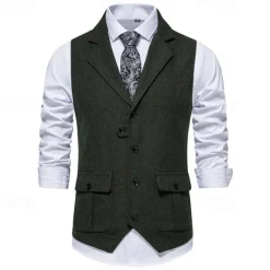 Hot OUKU Men's Vest Gilet Vacation Daily Date Fashion Casual Spring & Fall Buttons Pocket 75% Cotton Comfortable Plain Single Breasted One-button Lapel Regular Fit Burgundy Navy Blue Dark Green Khaki Vest