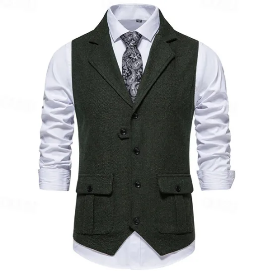 Hot OUKU Men's Vest Gilet Vacation Daily Date Fashion Casual Spring & Fall Buttons Pocket 75% Cotton Comfortable Plain Single Breasted One-button Lapel Regular Fit Burgundy Navy Blue Dark Green Khaki Vest