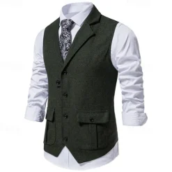 Hot OUKU Men's Vest Gilet Vacation Daily Date Fashion Casual Spring & Fall Buttons Pocket 75% Cotton Comfortable Plain Single Breasted One-button Lapel Regular Fit Burgundy Navy Blue Dark Green Khaki Vest