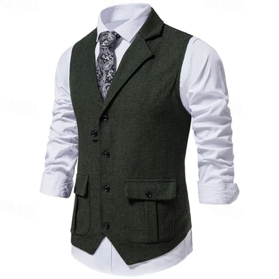 Hot OUKU Men's Vest Gilet Vacation Daily Date Fashion Casual Spring & Fall Buttons Pocket 75% Cotton Comfortable Plain Single Breasted One-button Lapel Regular Fit Burgundy Navy Blue Dark Green Khaki Vest