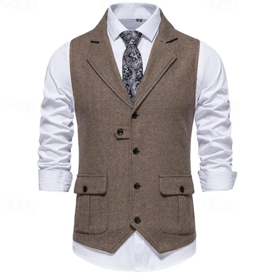 Hot OUKU Men's Vest Gilet Vacation Daily Date Fashion Casual Spring & Fall Buttons Pocket 75% Cotton Comfortable Plain Single Breasted One-button Lapel Regular Fit Burgundy Navy Blue Dark Green Khaki Vest